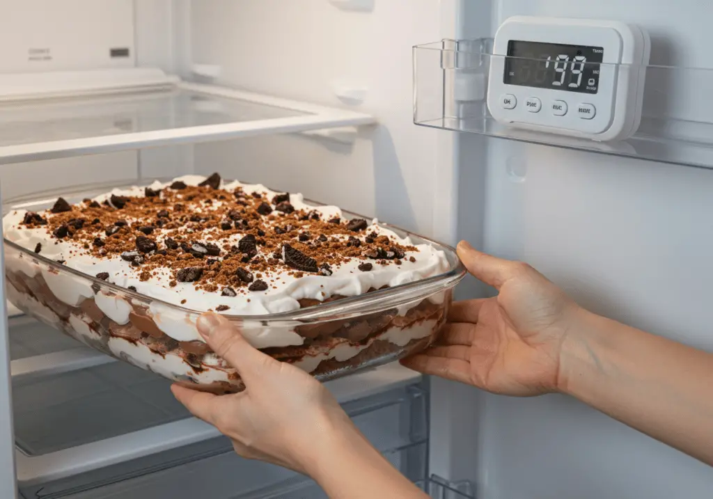 Pavê de Chocolate sendo colocado na geladeira para firmar as camadas.
