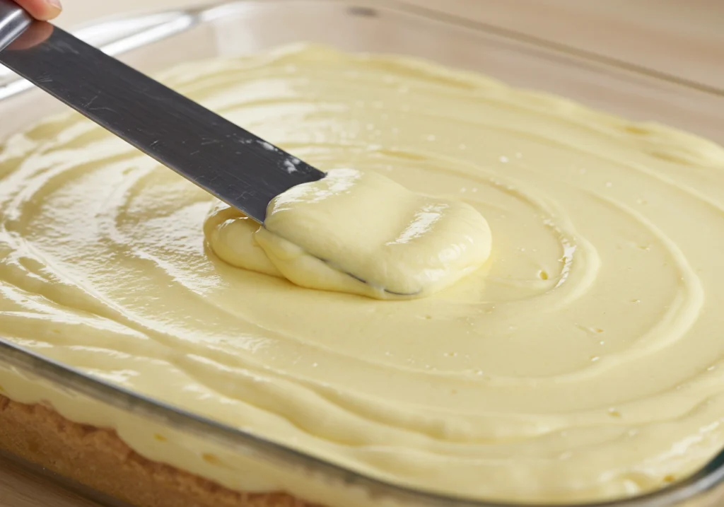 Camada de creme de limão sendo espalhada sobre a base de biscoitos no Pavê de Limão Refrescante.