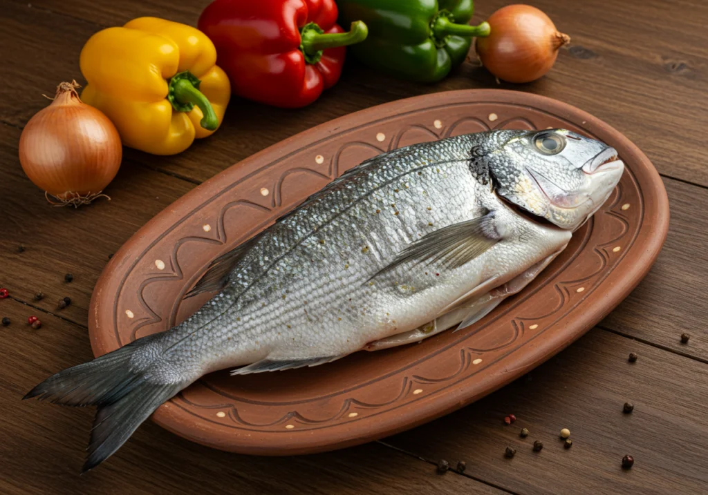 Peixe na Telha com legumes frescos prontos para cozinhar.