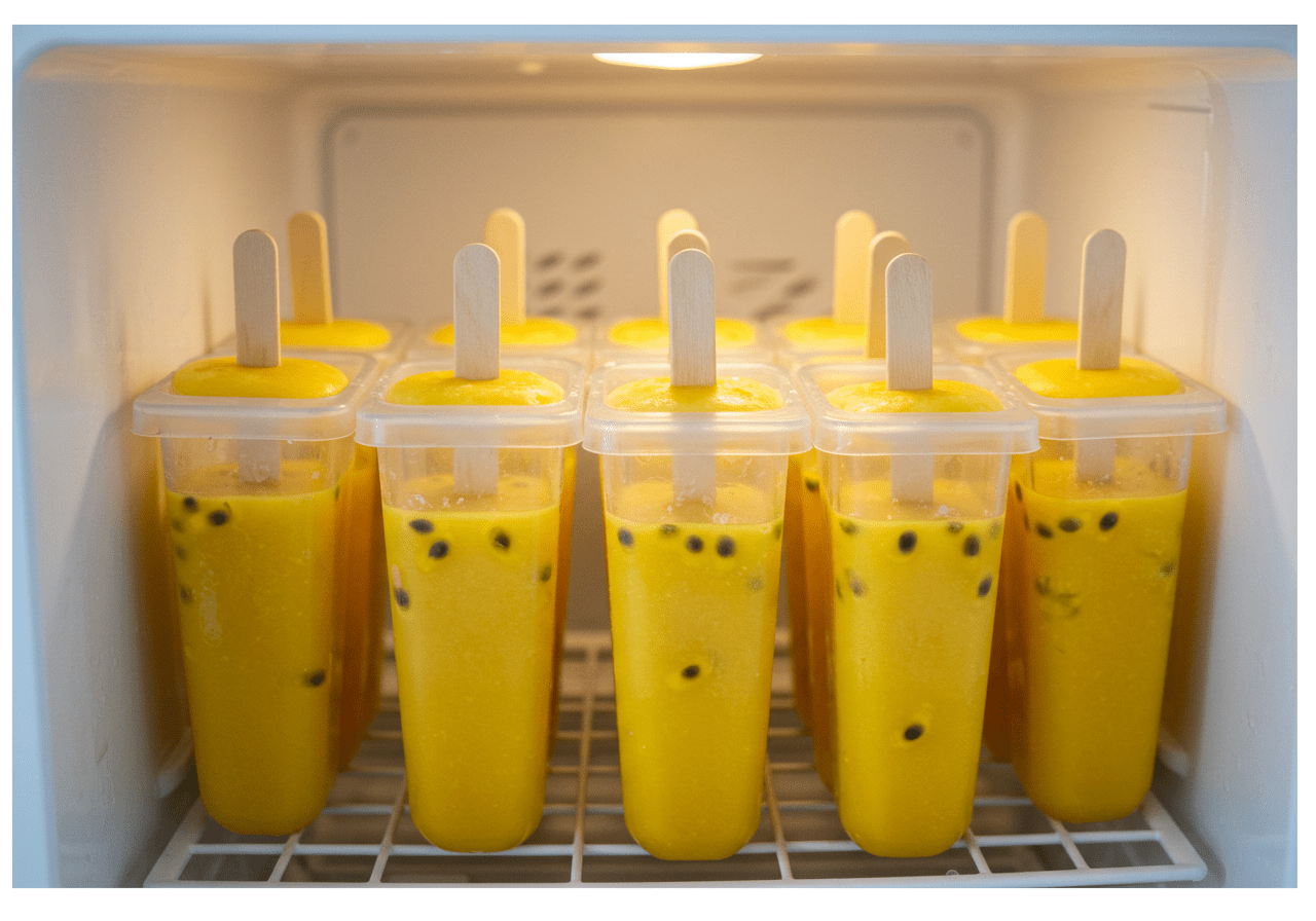 Formas de picolé de maracujá sendo colocadas no freezer para congelar.