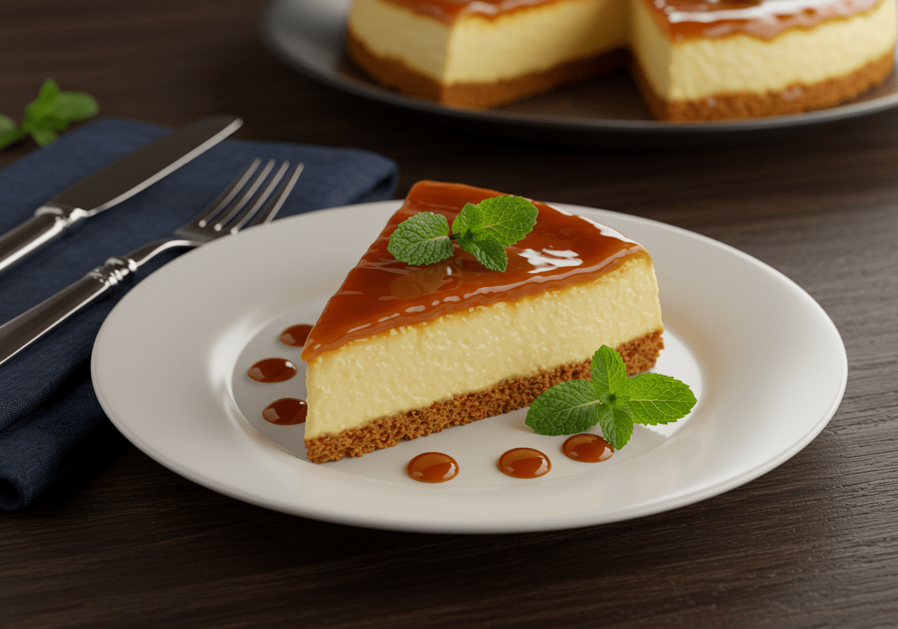 Pudim de leite condensado com calda caramelizada, decorado com folhas de hortelã.