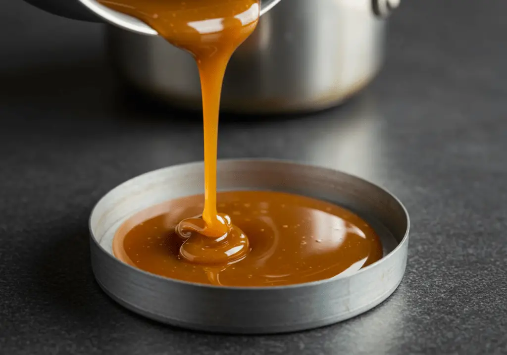 Calda de caramelo sendo despejada na forma redonda para o Pudim de Leite Condensado.