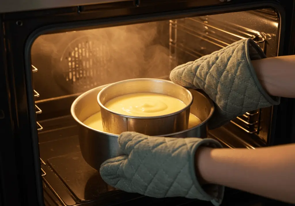 Forma com massa de pudim sendo colocada no forno em banho-maria para assar.
