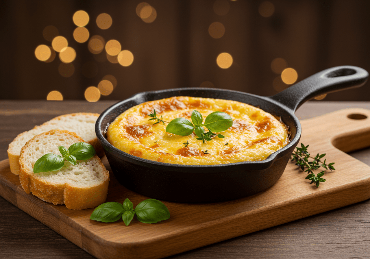 Finished Queijo Suico Furadinho served with fresh herbs and crusty bread, perfect for sharing.