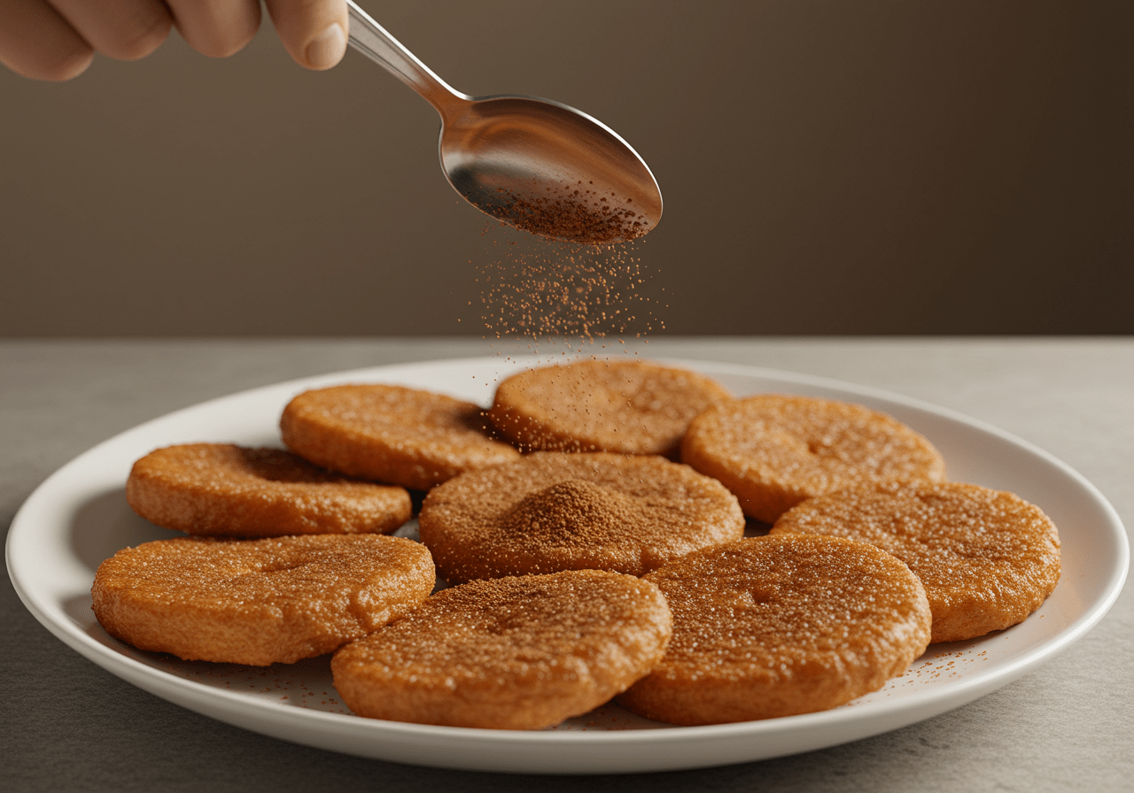 Rabanada frita sendo polvilhada com açúcar e canela.
