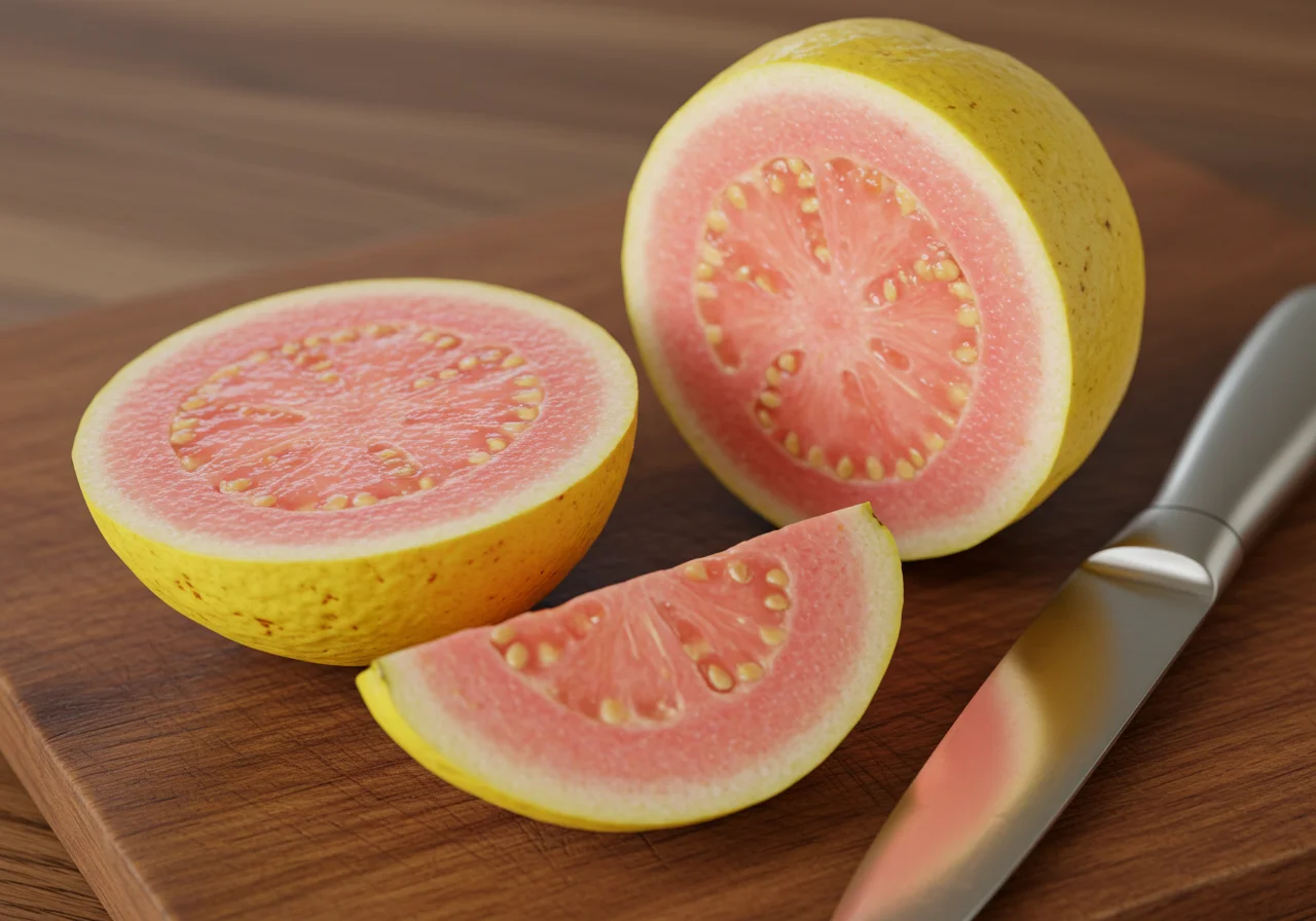Goiaba amarela cortada ao meio, mostrando o interior suculento para suco de goiaba amarela natural.