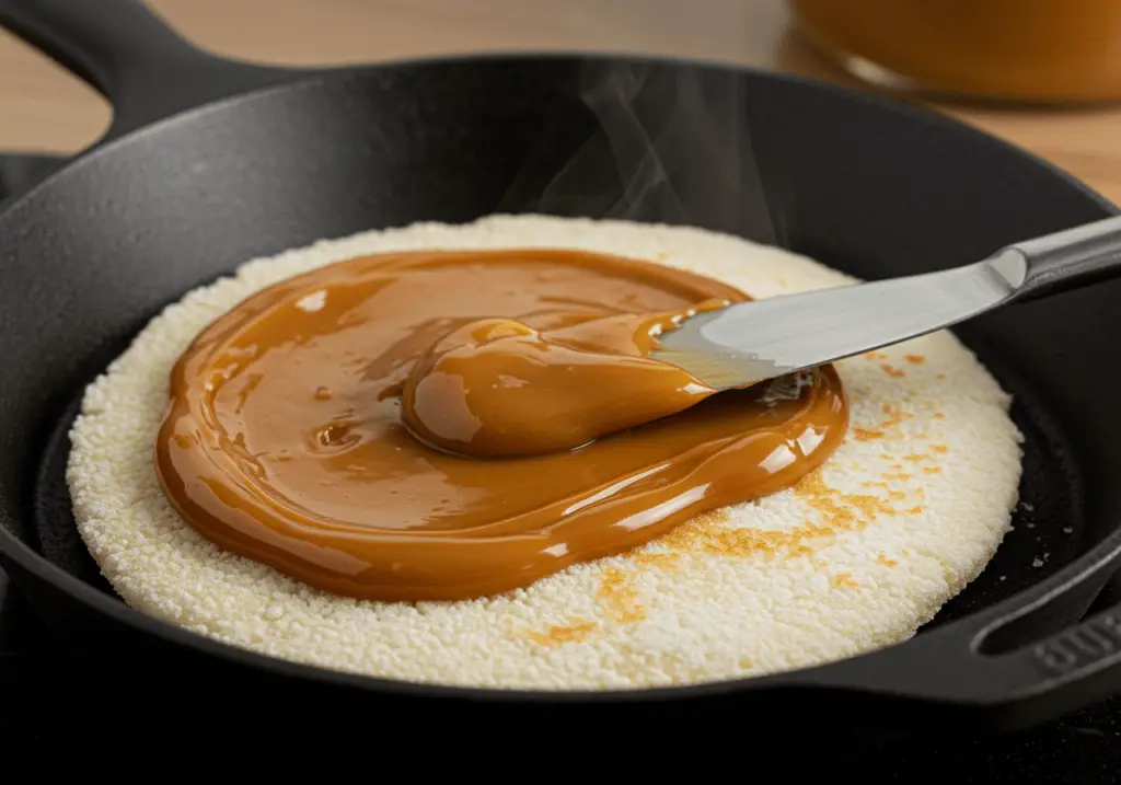 Espalhando doce de leite na tapioca durante a preparação da Tapioca Recheada.