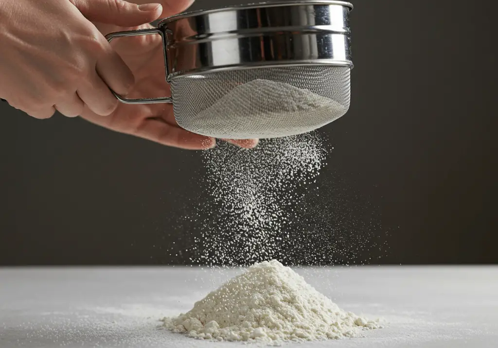 Tapioca flour being sifted for making Tapioca Recheada com Sabor Inesquecível.