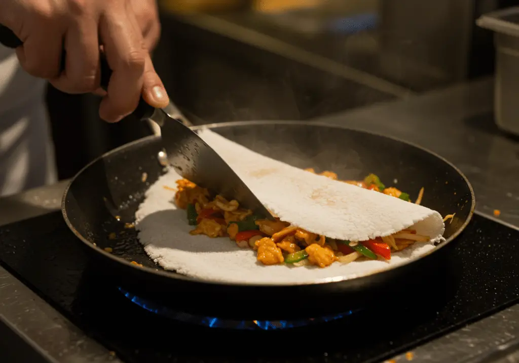 Tapioca Recheada being folded with fillings inside on the skillet.