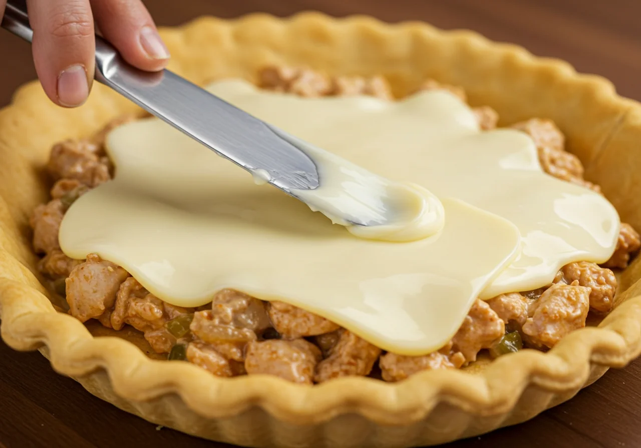 Camada de Catupiry sendo adicionada ao recheio de frango na torta.