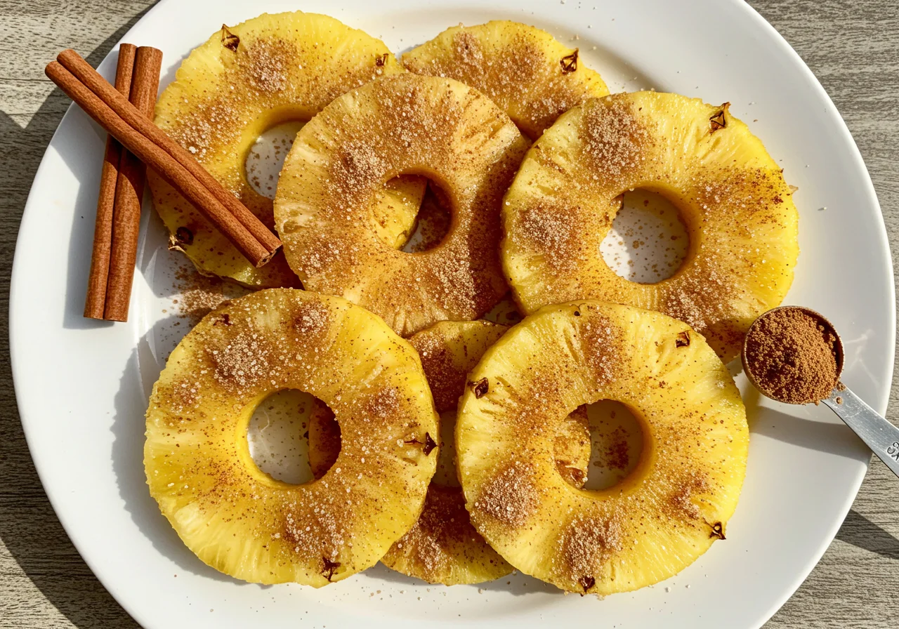 Misturando canela e açúcar sobre fatias de abacaxi para abacaxi com canela.