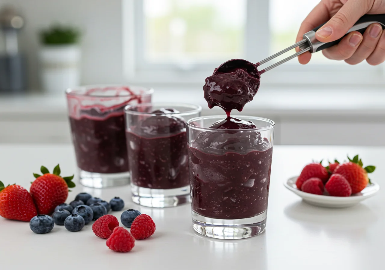 Copos de açaí sendo preparados com polpa congelada na cozinha.