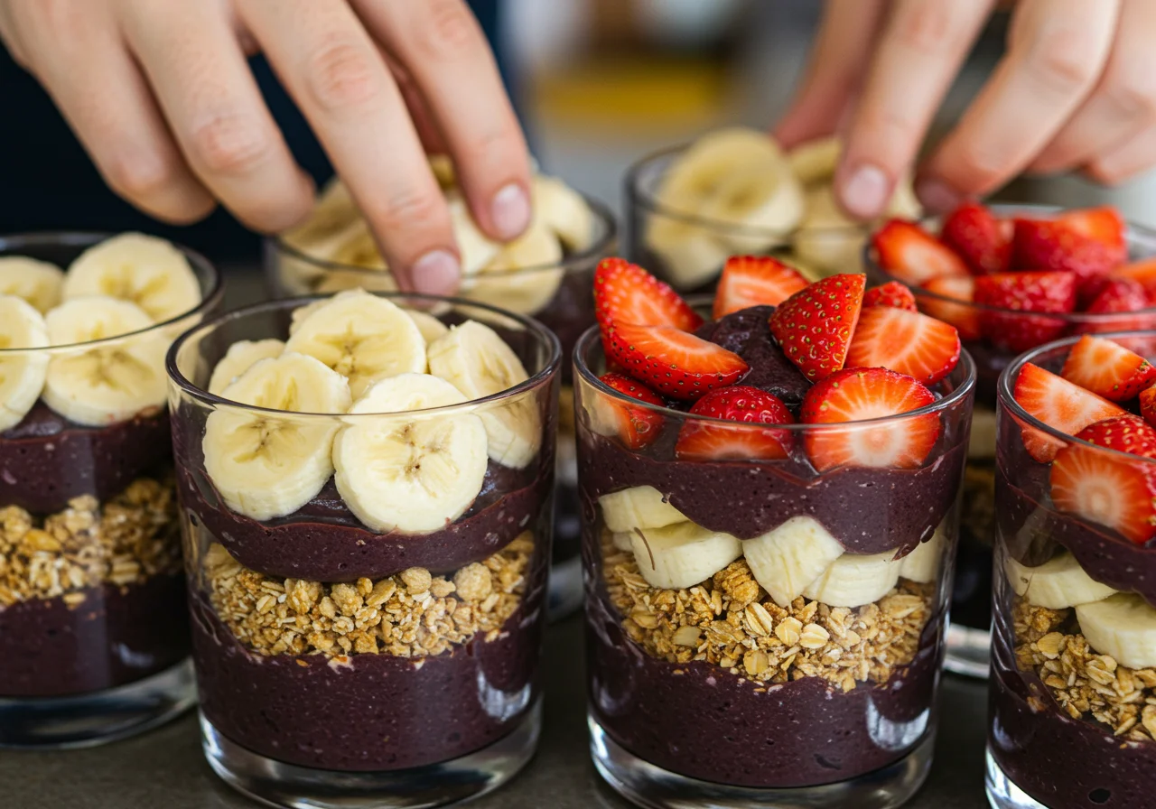 Frutas frescas dispostas em copos de açaí com granola, criando uma apresentação apetitoso.