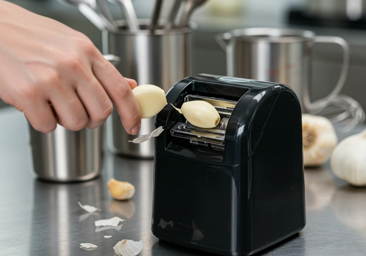 Colocando um dente de alho na máquina de descascar alho na cozinha.
