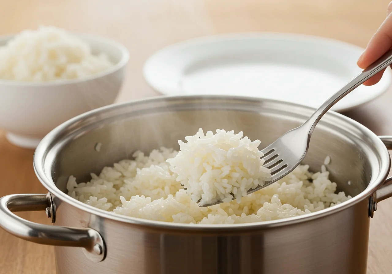 Arroz branco soltinho sendo areado com um garfo, representando a origem do arroz na mesa.