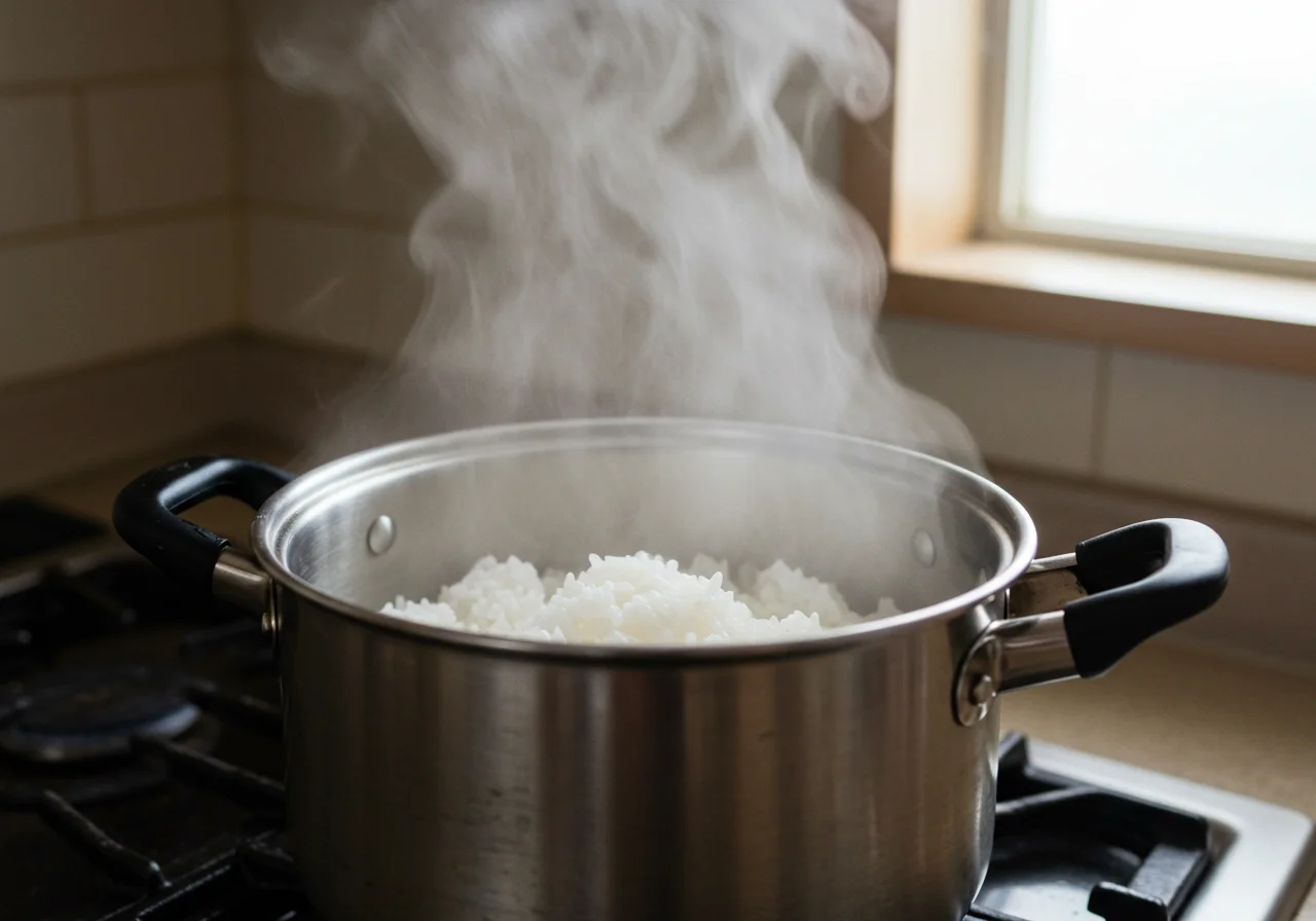 Covered pot with arroz cristal cooking for Arroz Cristal Soltinho preparation.