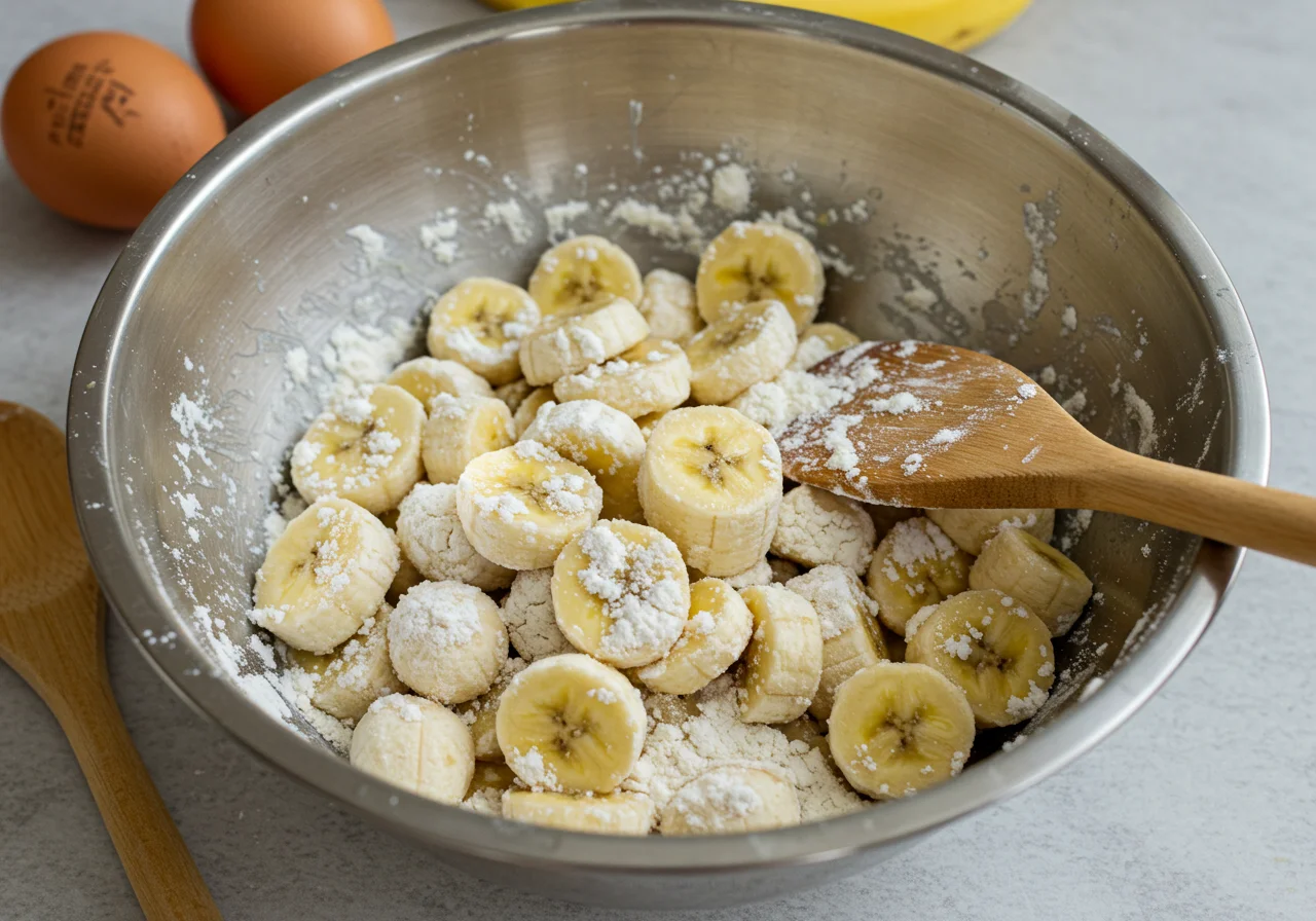 Coated banana caturra slices in a bowl, preparing to be fried for the banana caturra frita recipe.