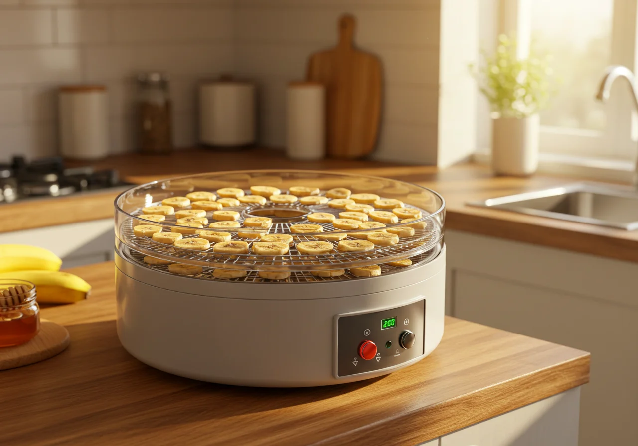 Dehydrator working on banana slices to create banana desidratada chips.
