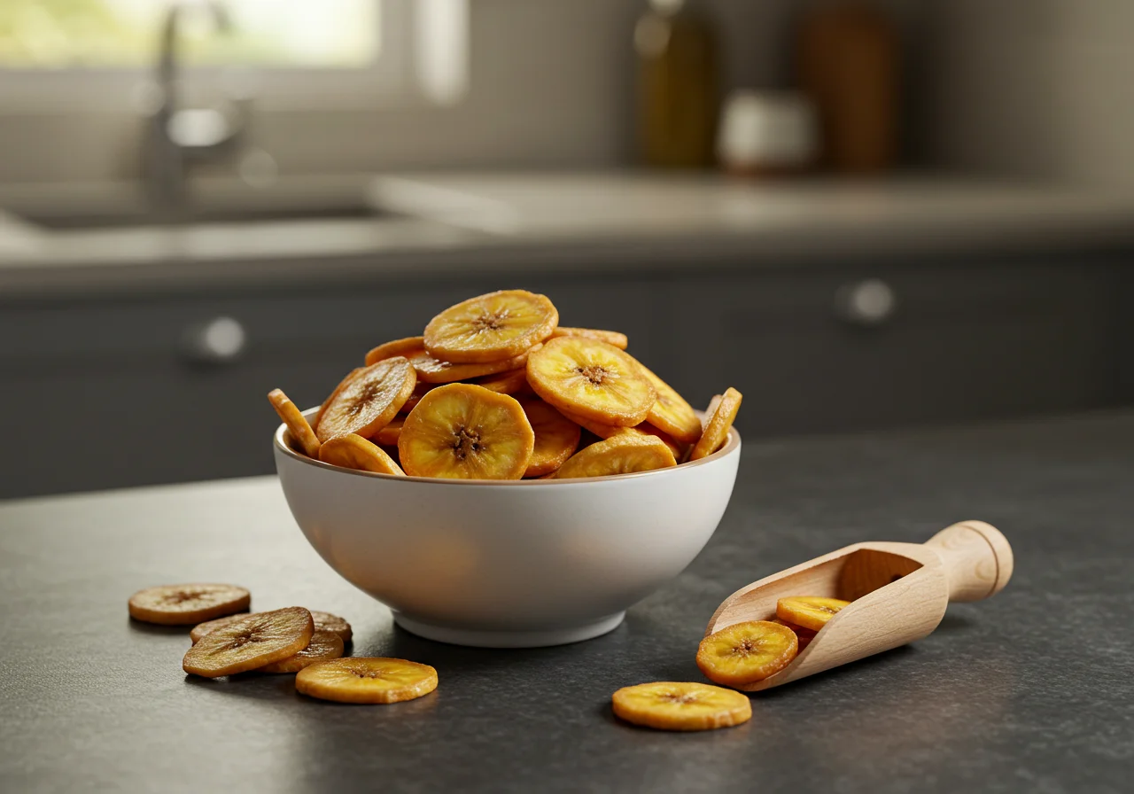 Bowl of homemade banana desidratada chips prepared for serving.