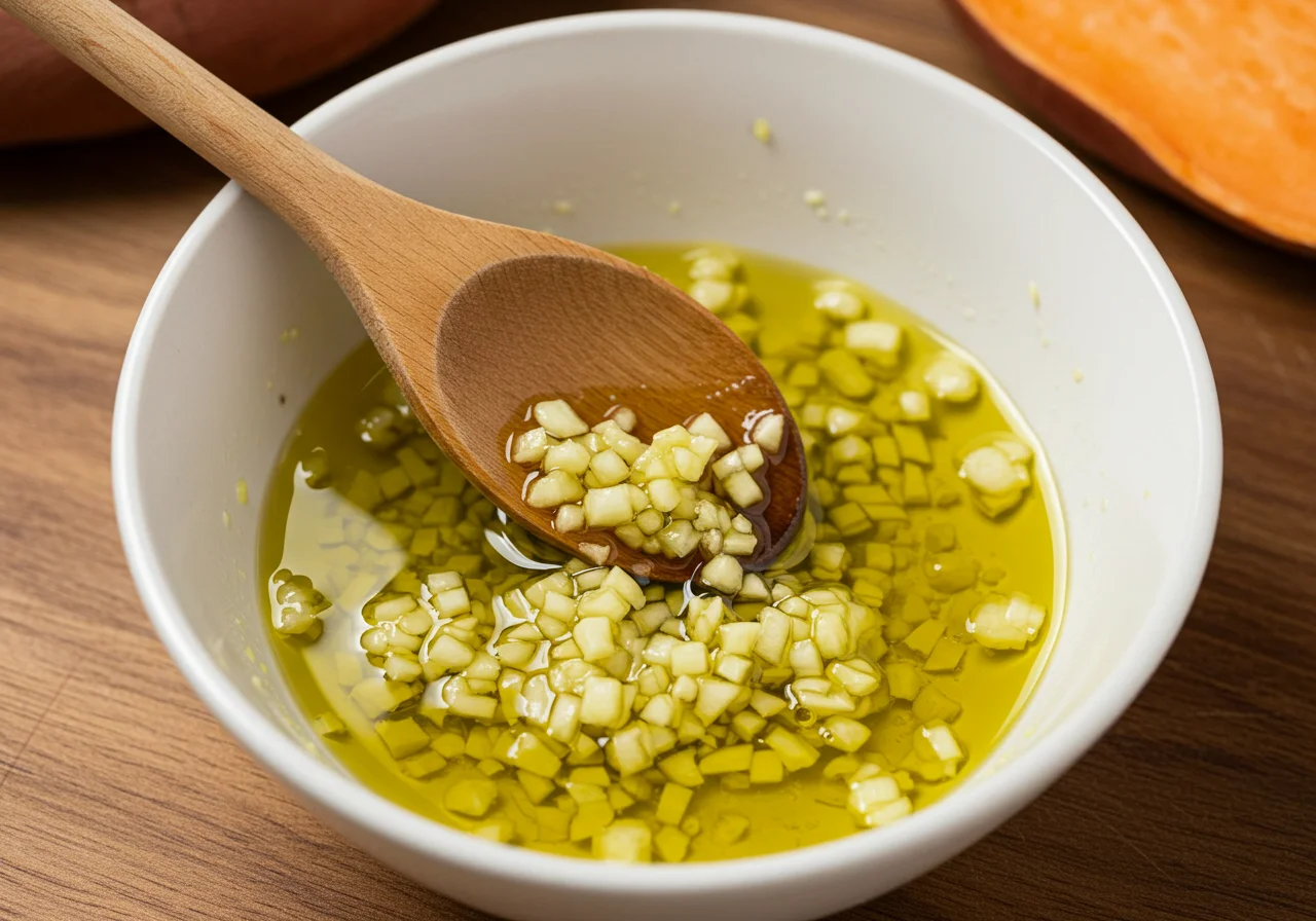 Mistura de alho picado e azeite para temperar batata doce roxa antes de assar.