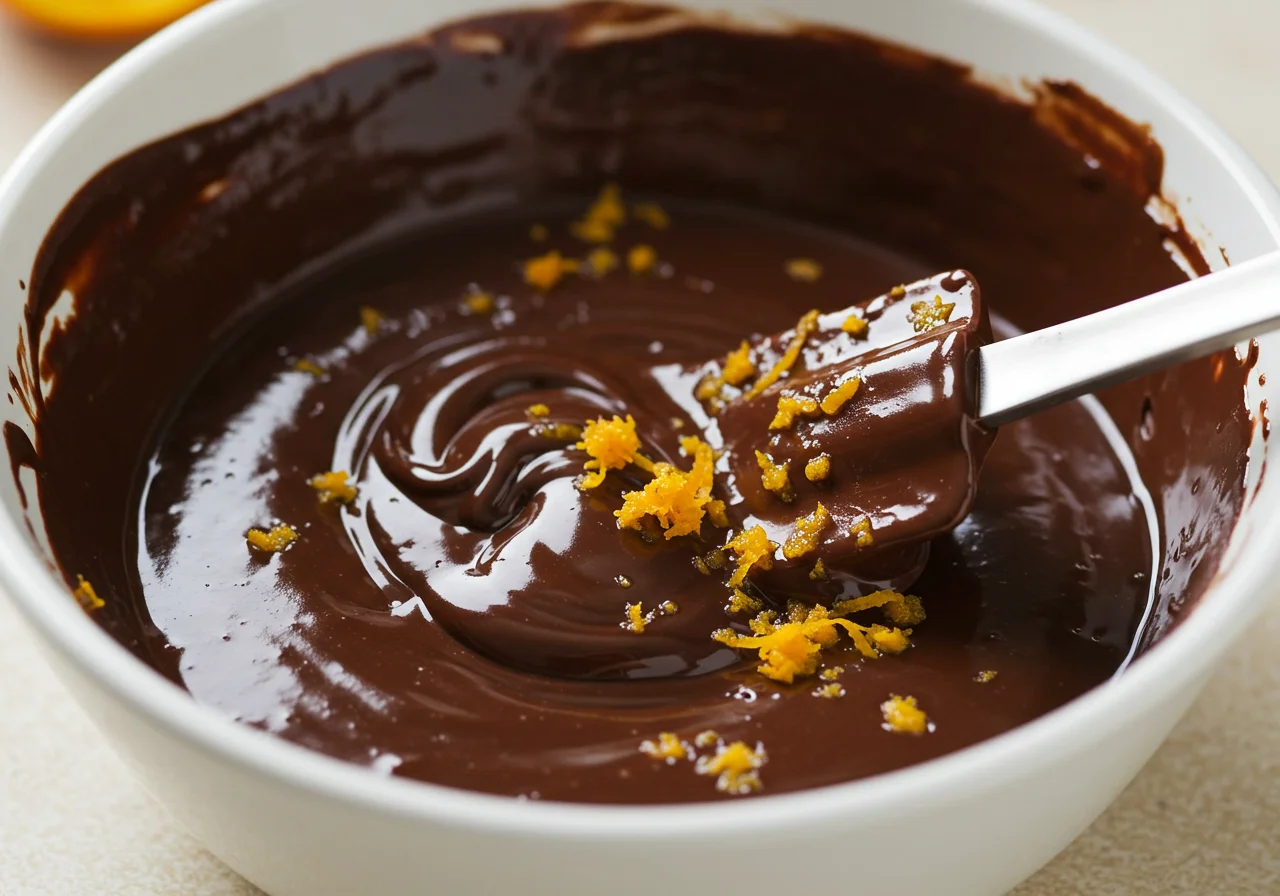 Mistura de chocolate derretido com suco e raspas de laranja para bolo de chocolate com laranja.