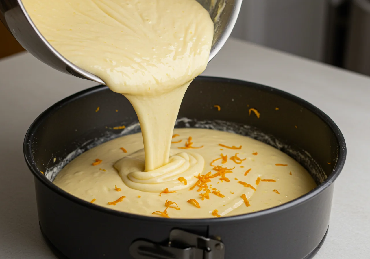 Massa de bolo sendo colocada na forma para Bolo de Laranja Champanhe Fofinho.