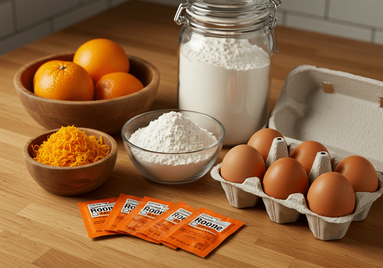 Ingredientes para o Bolo de Laranja Fluorescente Neon dispostos no balcão da cozinha.