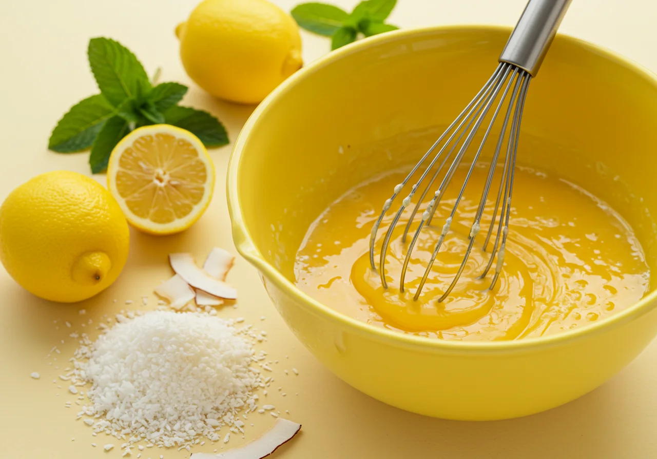 Ovos e suco de limão sendo batidos para o bolo de limão com coco.