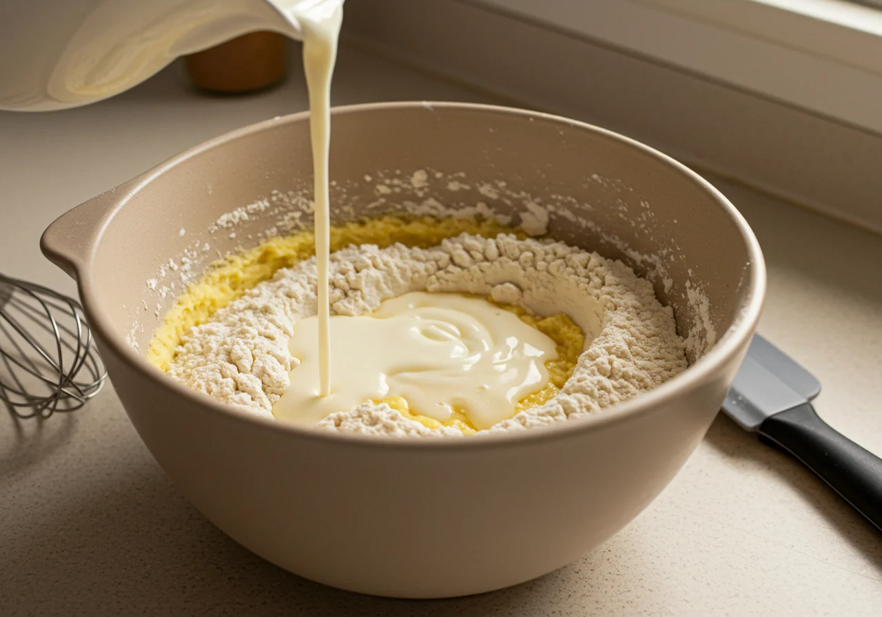 Adicionando creme de leite na mistura de bolo na caixa de creme de leite.