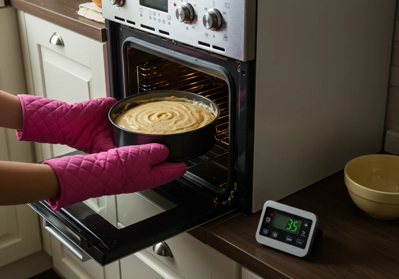 Forma de bolo com massa sendo colocada no forno para Bolo na Caixa de Creme de Leite.