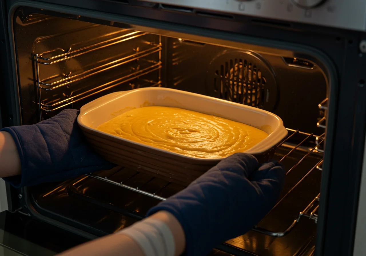 Bolo sem ovo sendo colocado no forno para assar, ideal para alérgicos.