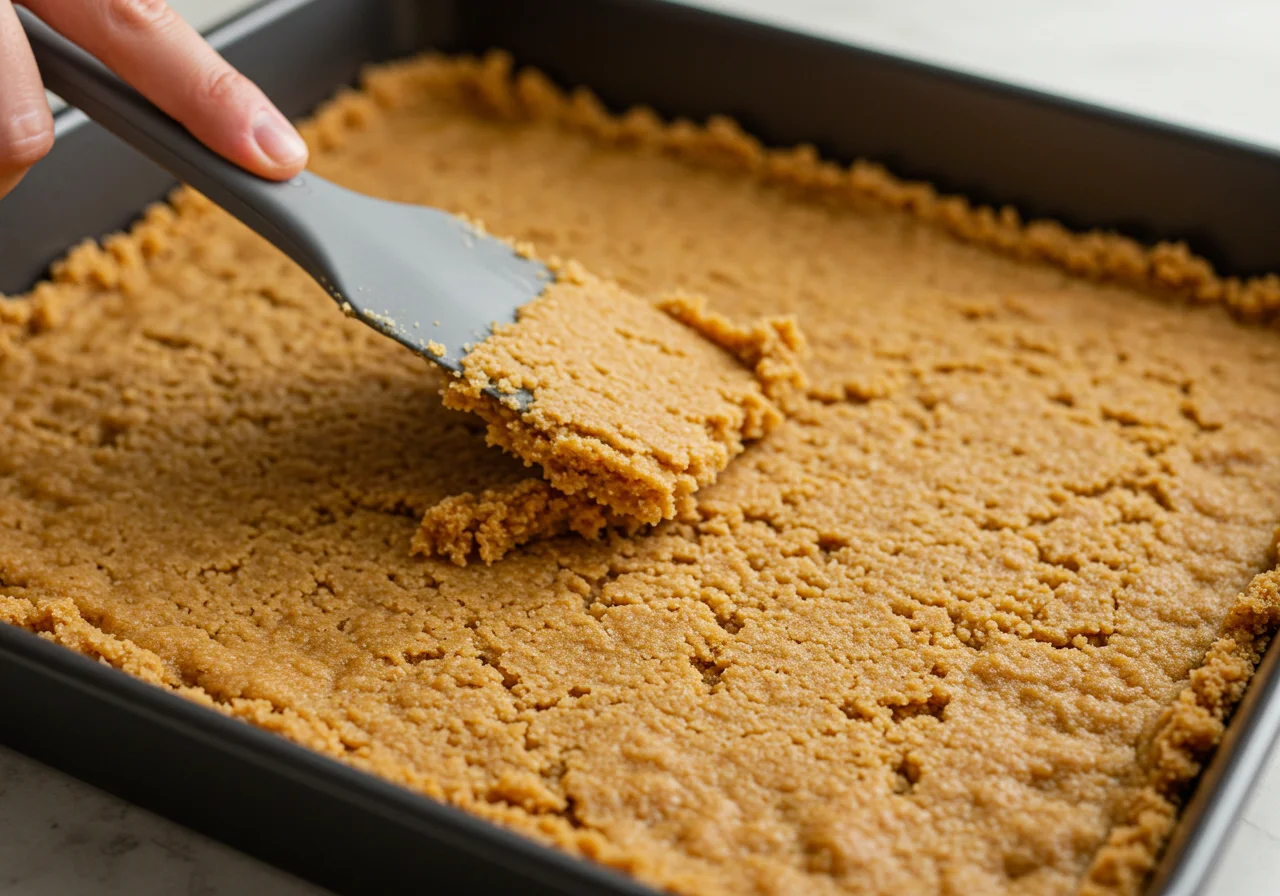 Base de cookie sendo pressionada em uma forma para o Bombom Charge Caseiro Crocante.