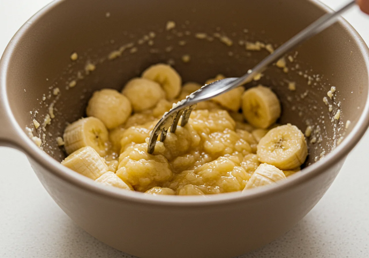 Bananas being mashed for brigadeiro vegano de biomassa preparation.