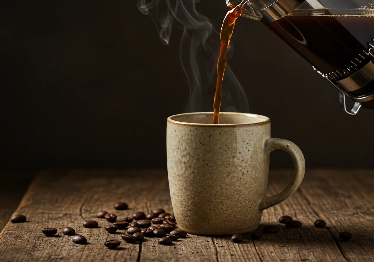 Copo de café brasileiro sendo servido de um French press, mostrando a qualidade das marcas famosas.