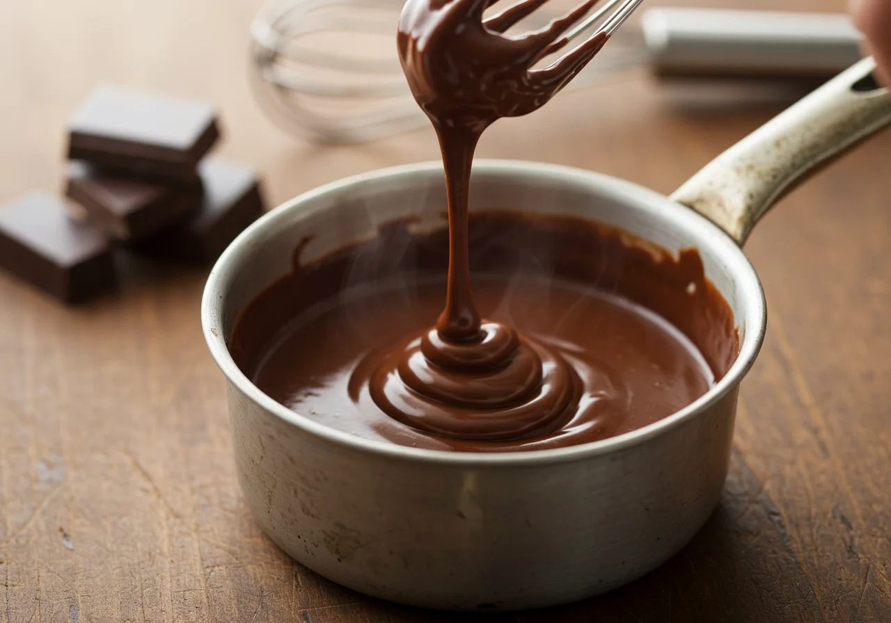 Mistura cremosa de chocolate sendo preparada para café com chocolate trufado.