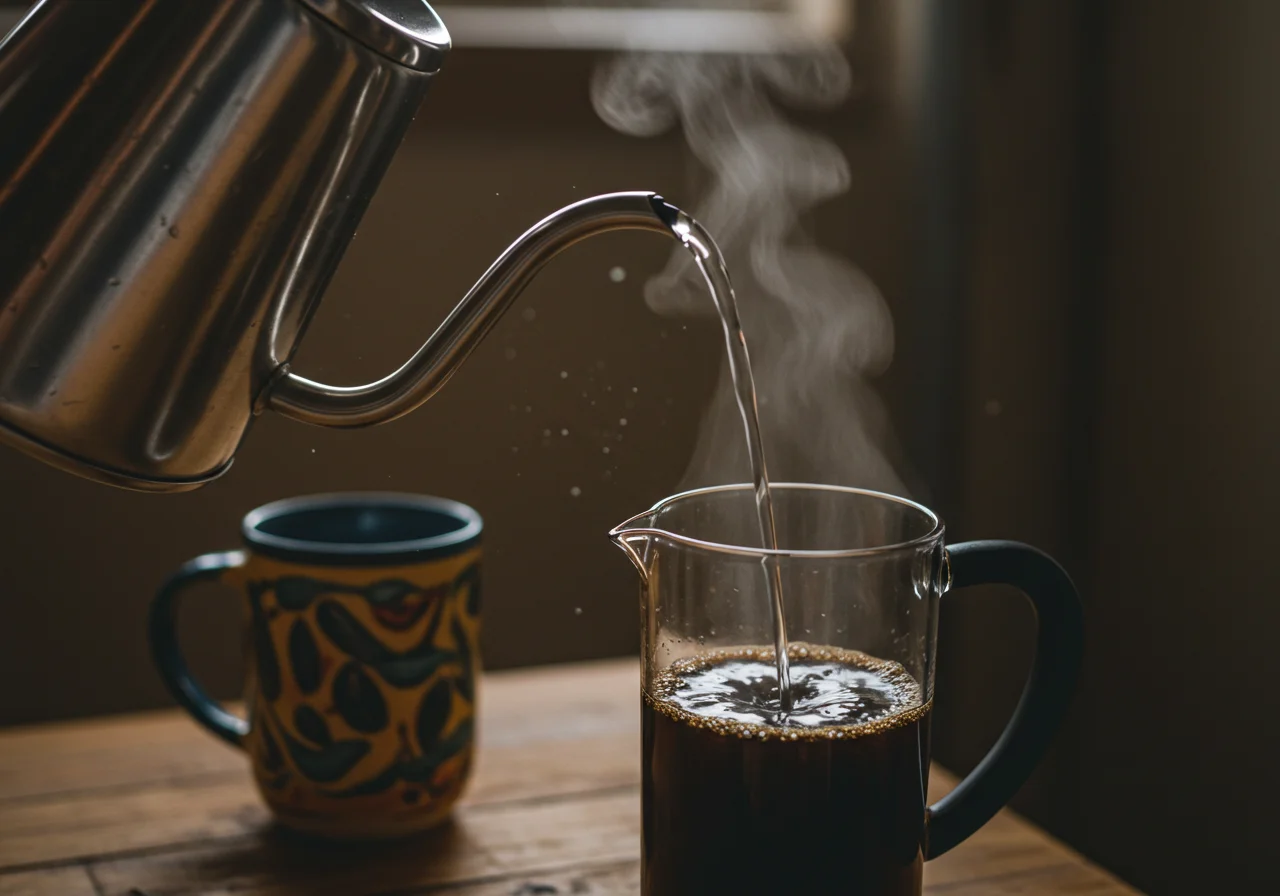 Água quente sendo vertida em uma prensa francesa para preparar café para xícaras decoradas.