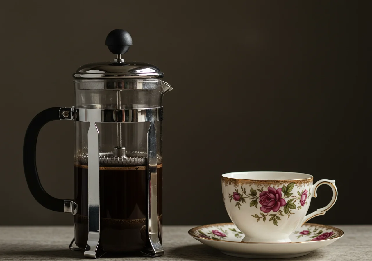 Prensa francesa sendo usada para preparar café para a xícara de café decorada.