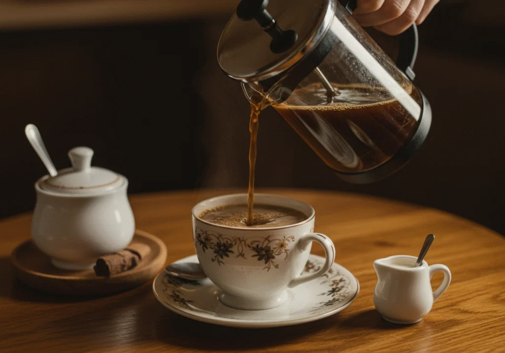 Café fresco sendo derramado em uma xícara decorada, ideal para o Café em Xicara Decorada.