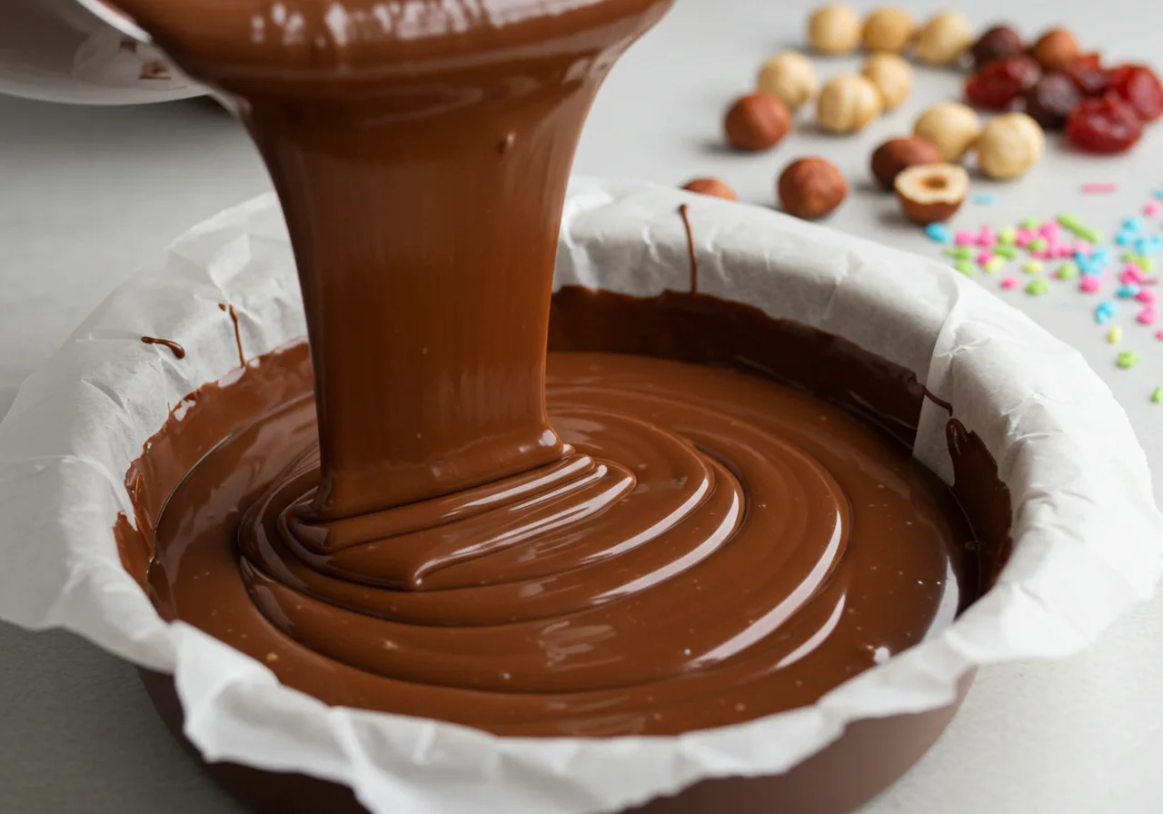 Chocolate derretido sendo despejado em uma forma para a Caixa de Chocolate Trento.