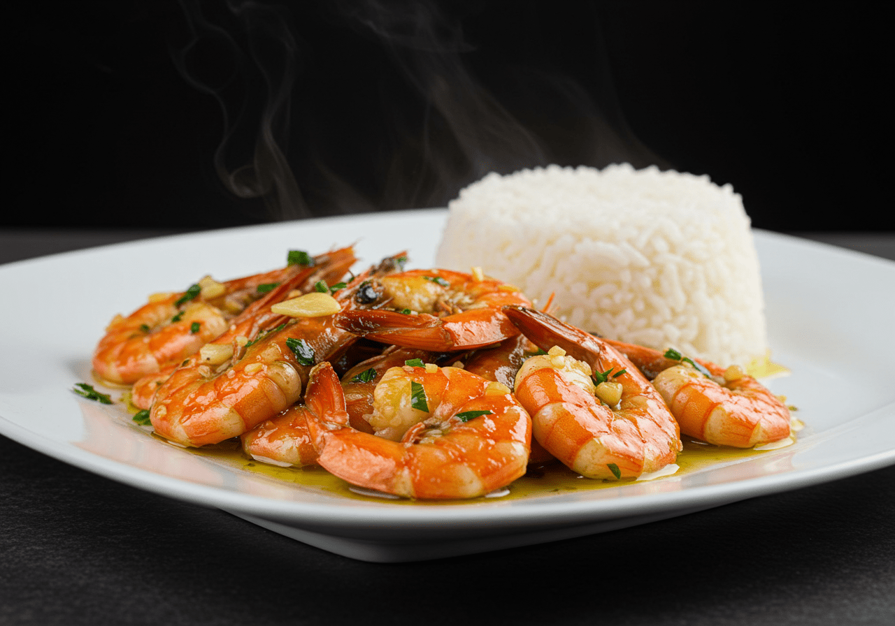 Prato final de Camarão Vermelho ao Alho e Óleo decorado com salsa, perfeito para uma refeição saborosa.