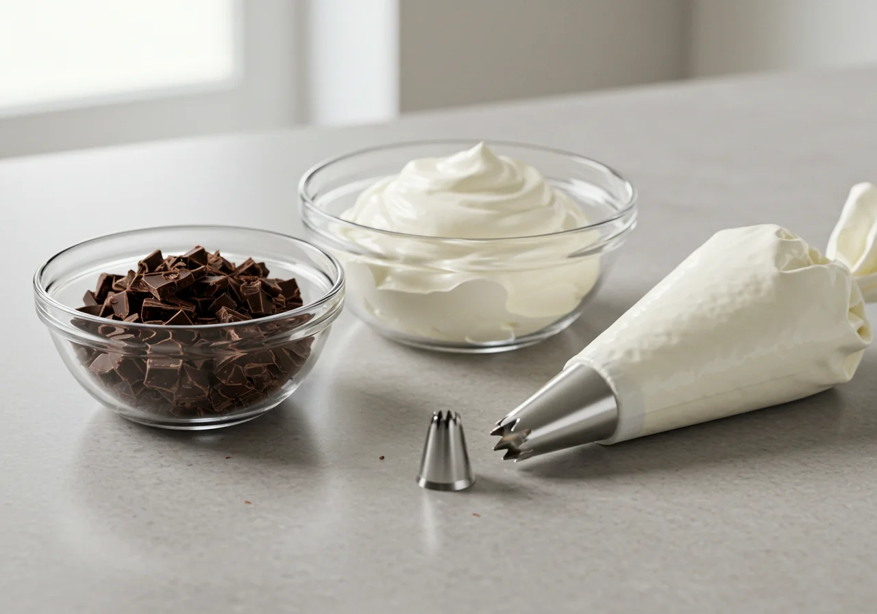 Ingredient setup for making canudo de chocolate, featuring chocolate and cream on a kitchen counter.