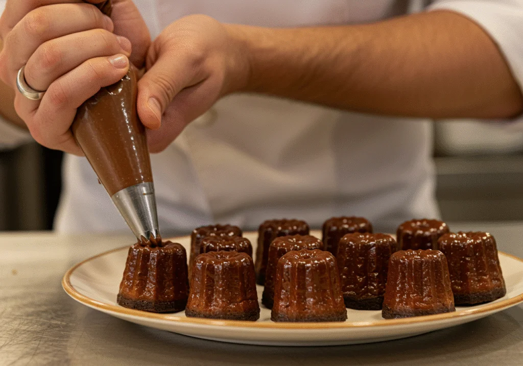 Piping bag filled with chocolate filling for making canudo de chocolate rolls.