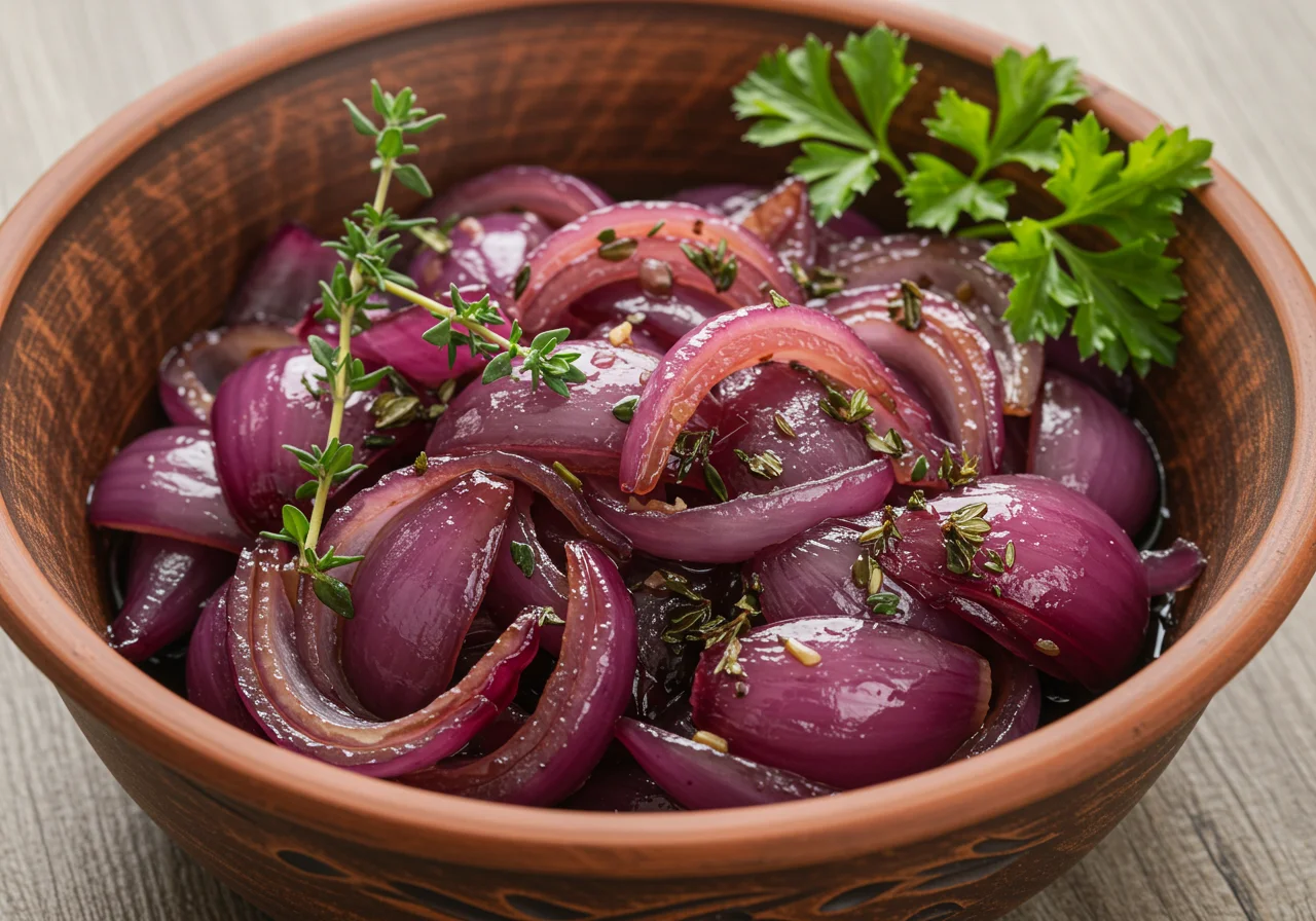 Cebola roxa caramelizada agridoce pronta para servir, ideal para acompanhar refeições.