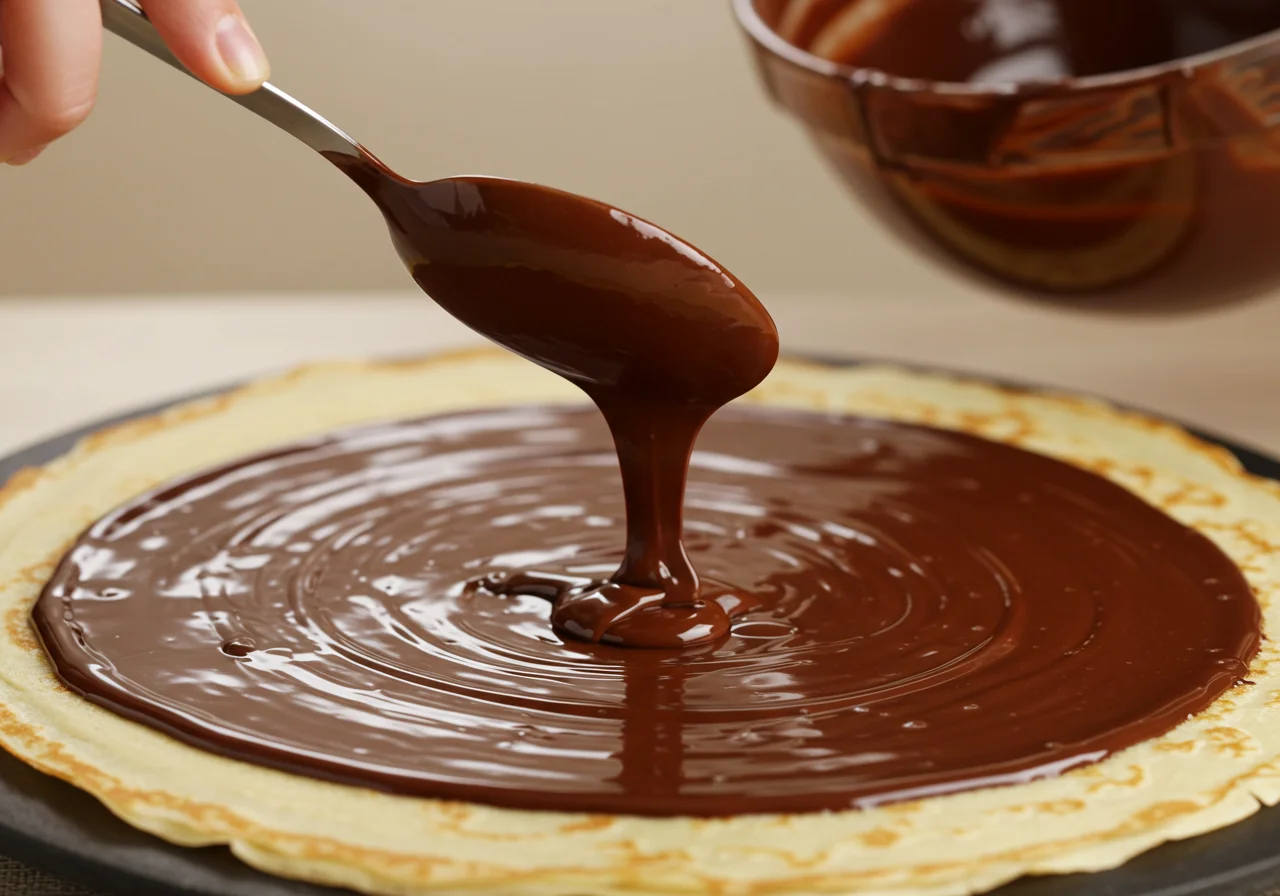 Chocolate derretido sendo espalhado em crepes para charuto de chocolate.