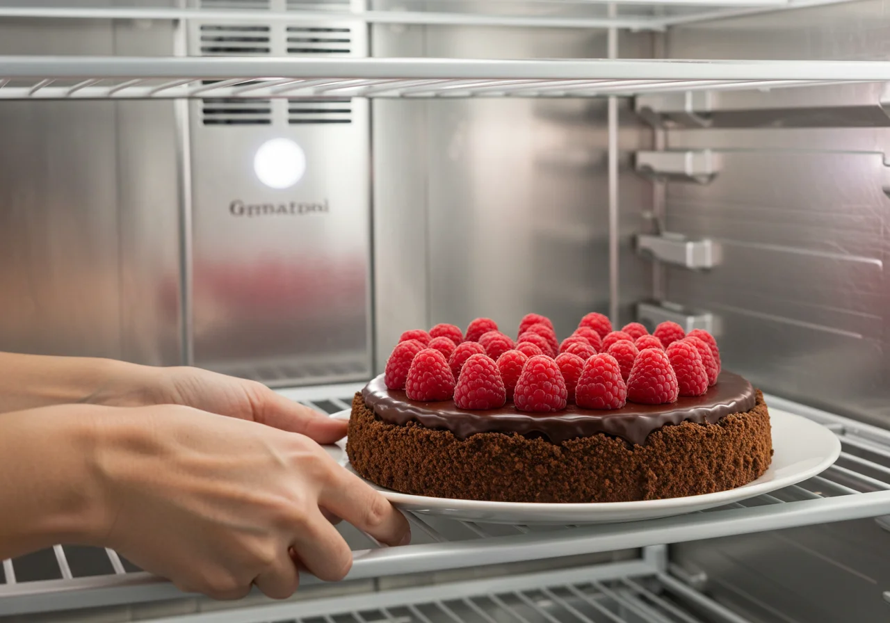 Sobremesa de Franui Chocolate Framboesa sendo refrigerada para firmar.