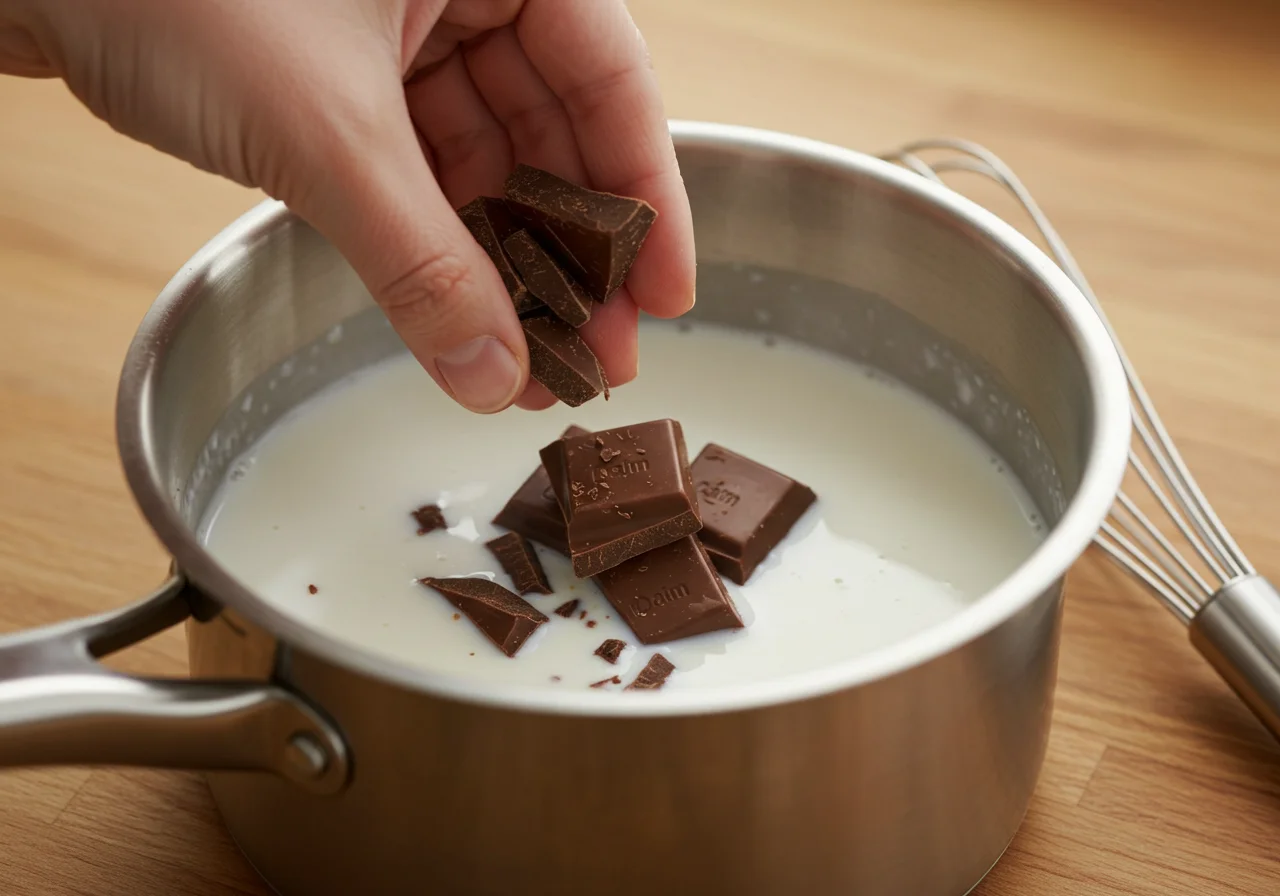 Adding chocolate daim to the hot milk for a creamy chocolate drink.