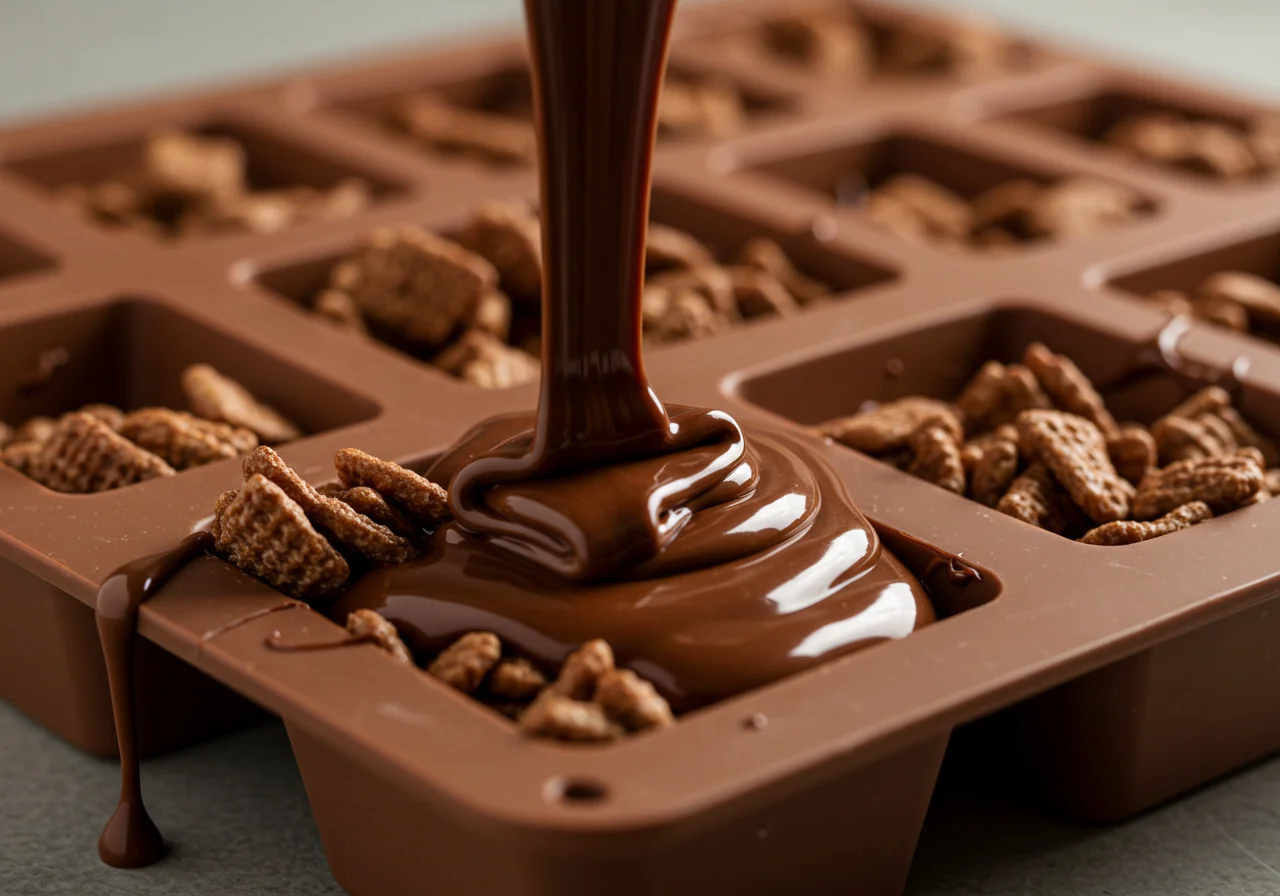 Moldes de silicone sendo preenchidos com a mistura de shot chocolate e cereal crocante.