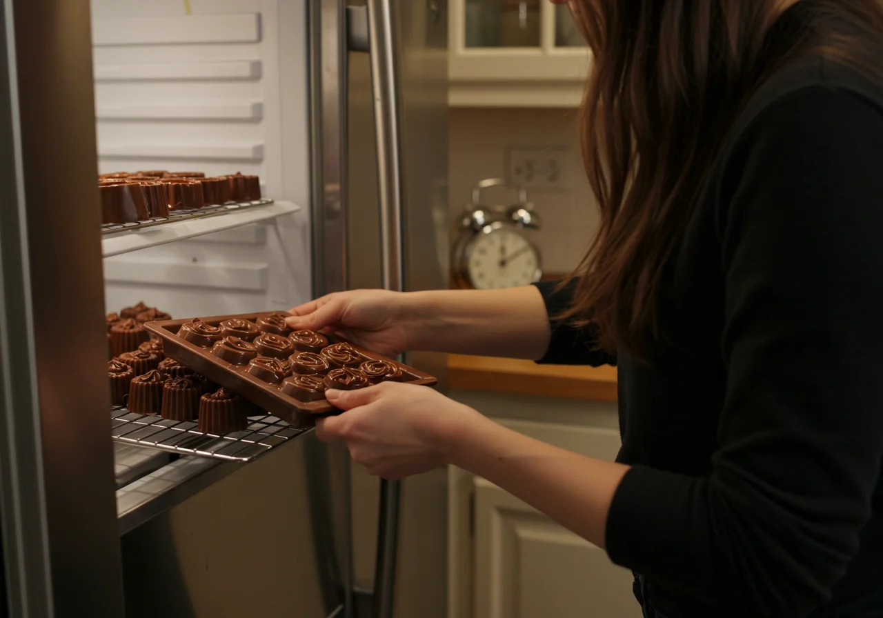 Moldes de shot chocolate sendo colocados na geladeira para firmar.