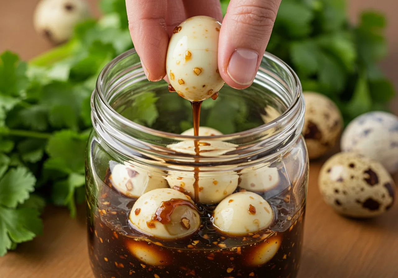 Peeled quail eggs being added to the jar for making ovo de codorna em conserva.