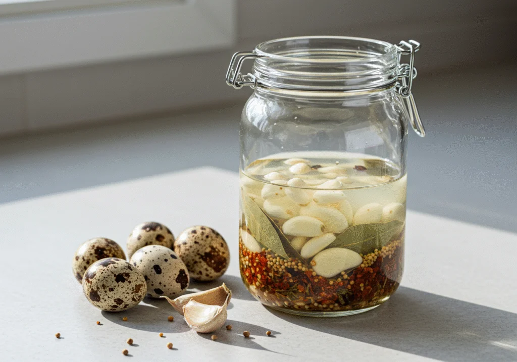 Ingredients for marinating quail eggs in conserva de ovo de codorna, including vinegar and spices.